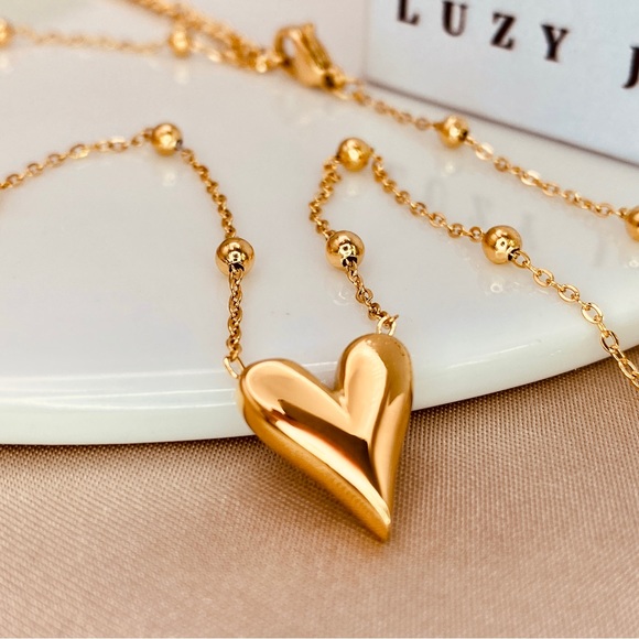 Luzy Jewelry Jewelry - 14K Gold Stainless Steel Beaded Dainty Chain Heart Pendant Necklace